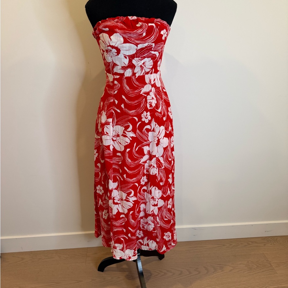 Faithfull the Brand Red Strapless Floral Midi Dress with White Pattern